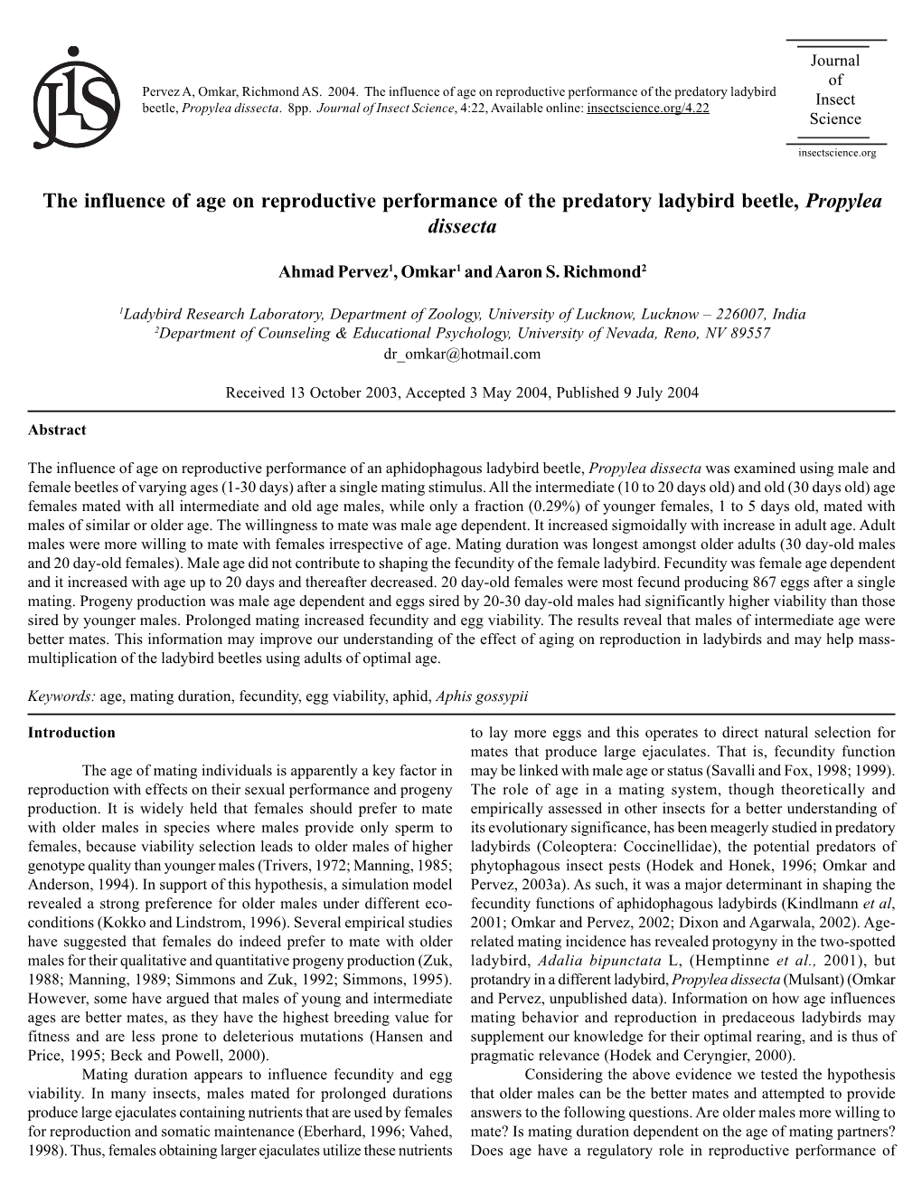 The Influence of Age on Reproductive Performance of the Predatory Ladybird Beetle, Propylea Dissecta