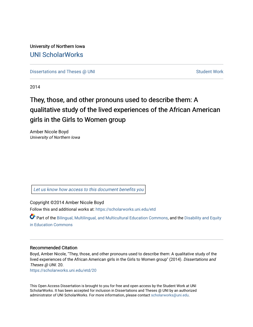 They, Those, and Other Pronouns Used to Describe Them: a Qualitative Study of the Lived Experiences of the African American Girls in the Girls to Women Group