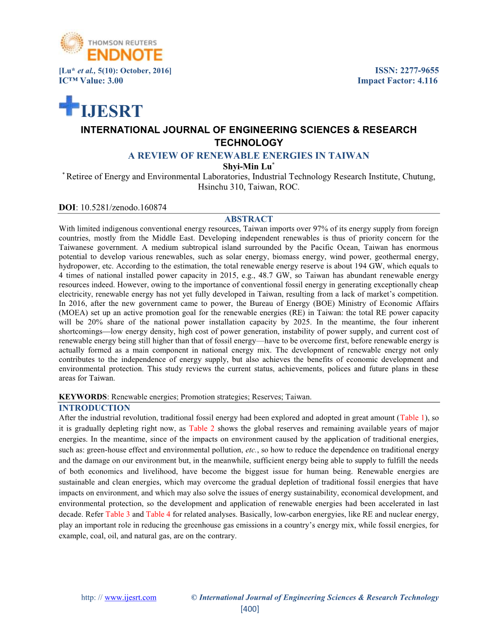 A Review of Renewable Energies in Taiwan