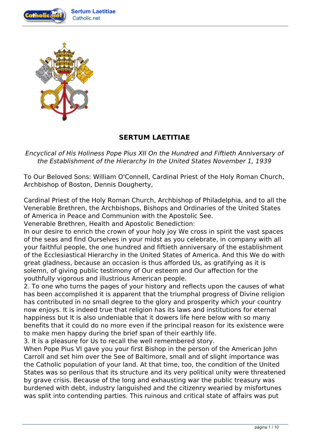 Sertum Laetitiae Catholic.Net