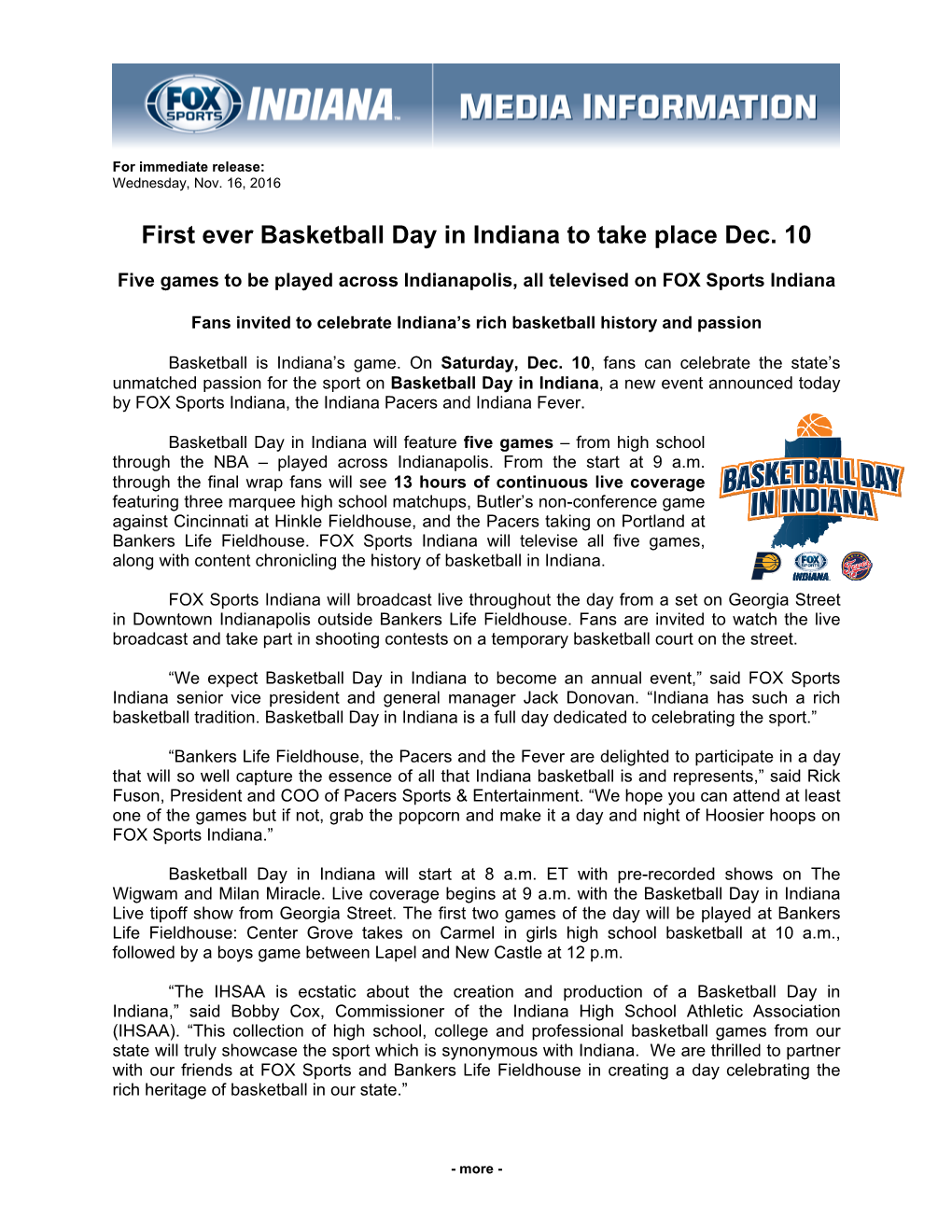 First Ever Basketball Day in Indiana to Take Place Dec. 10