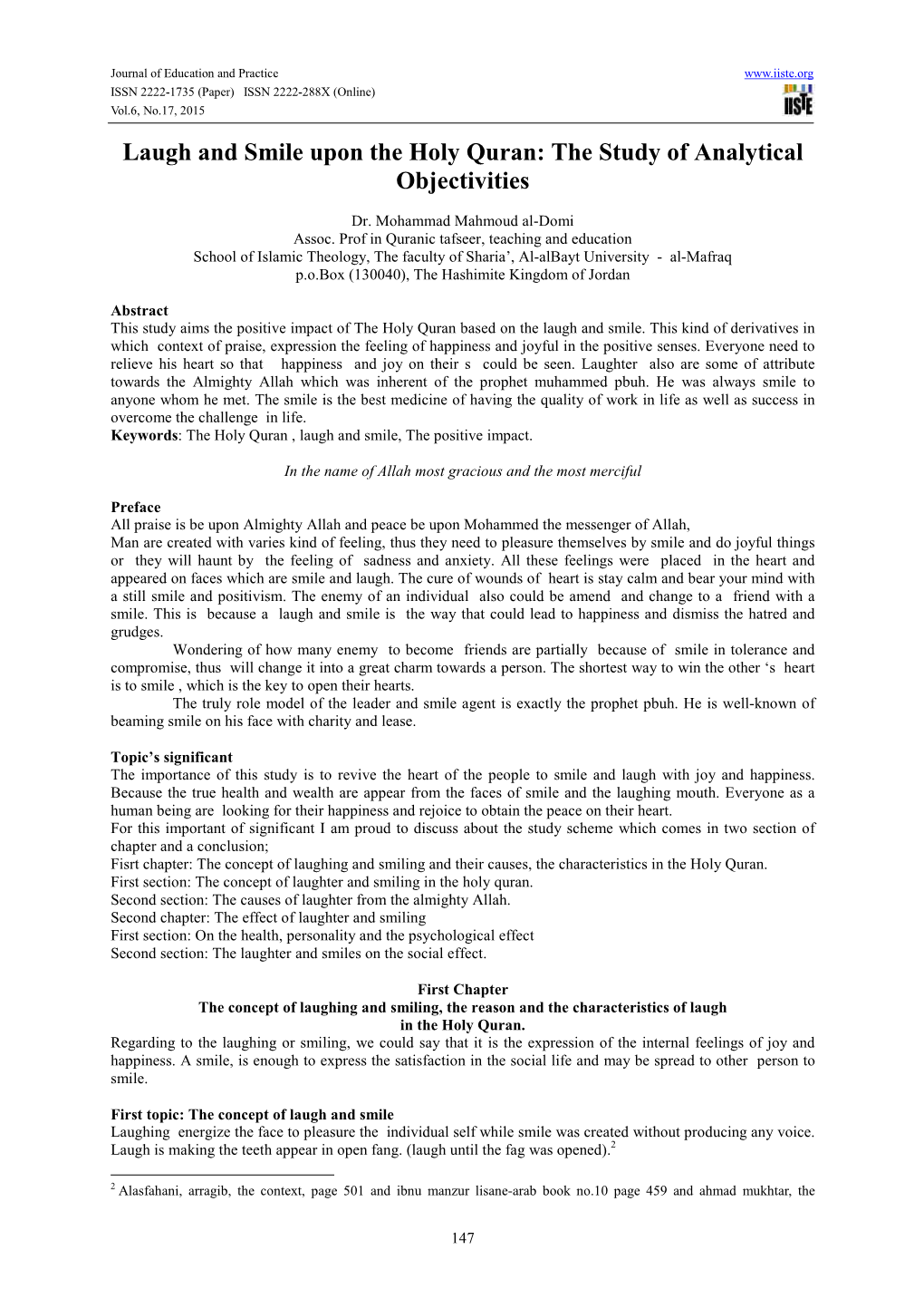 Laugh and Smile Upon the Holy Quran: the Study of Analytical Objectivities