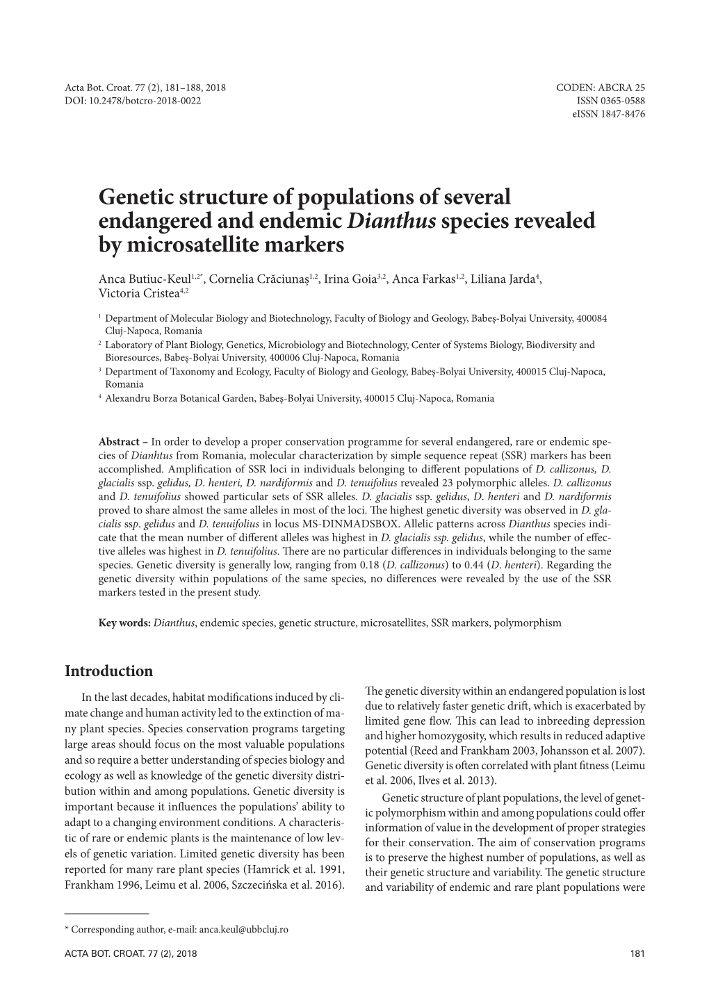 Genetic Structure of Populations of Several Endangered and Endemic Dianthus Species Revealed by Microsatellite Markers