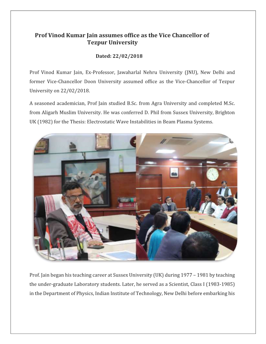 Prof Vinod Kumar Jain Assumes Office As the Vice Chancellor of Tezpur University