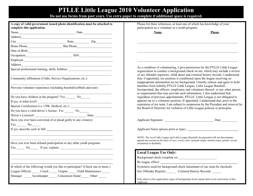 Roxbury Little League 2005 Volunteer Application