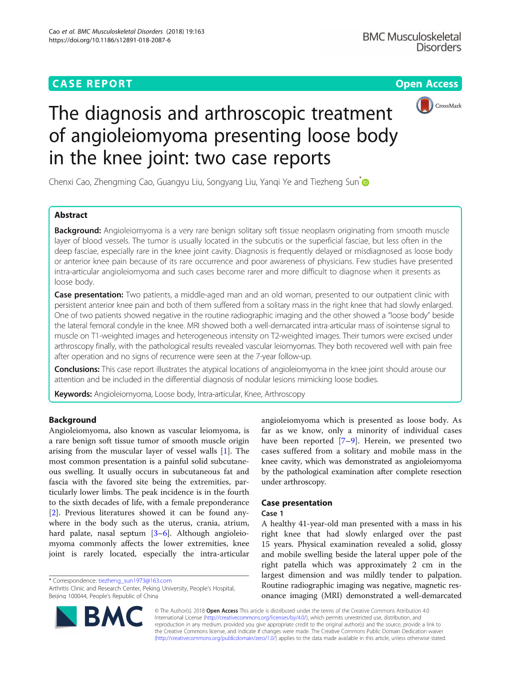 The Diagnosis and Arthroscopic Treatment of Angioleiomyoma Presenting Loose Body in the Knee Joint: Two Case Reports