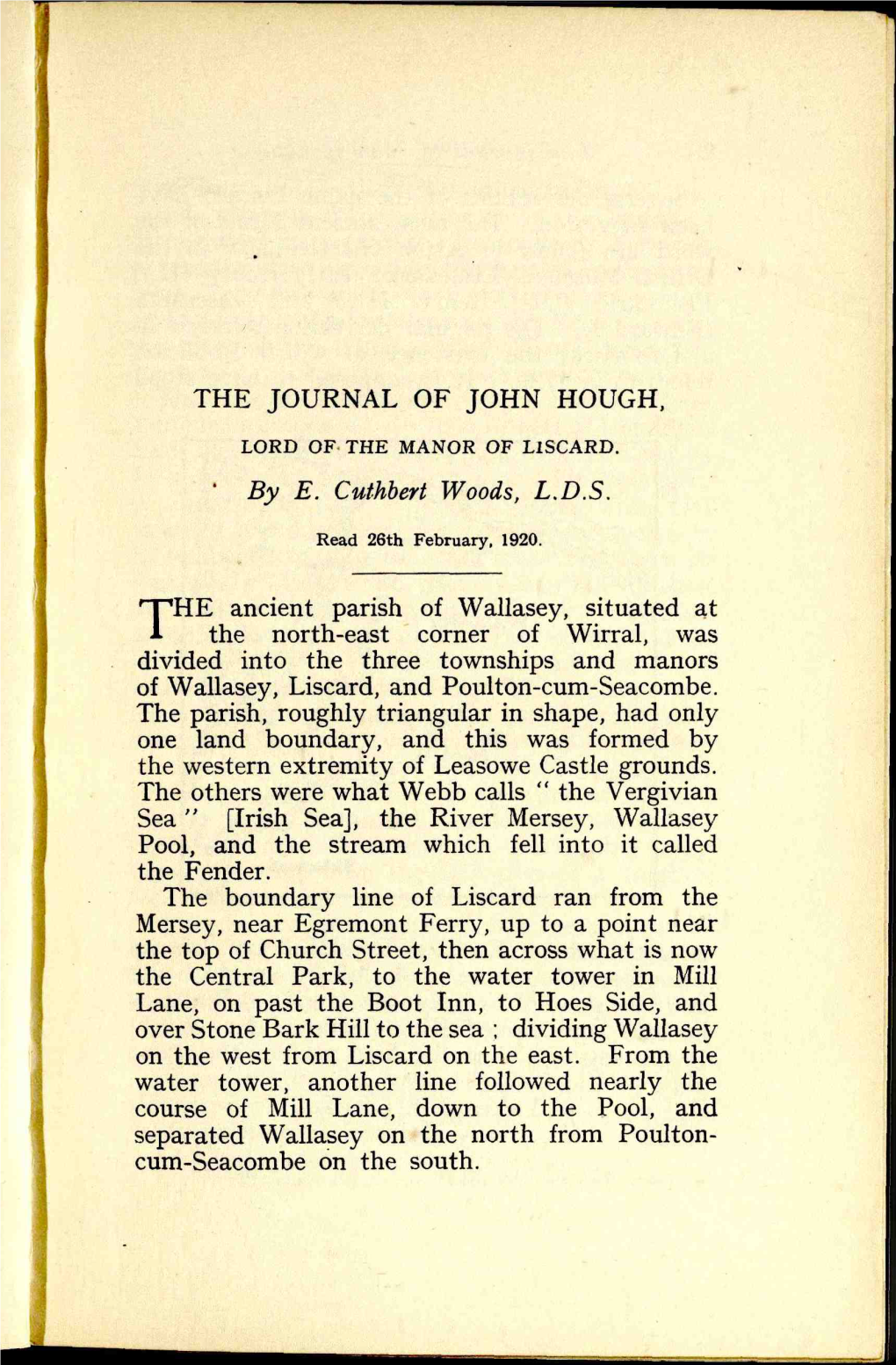 THE JOURNAL of JOHN HOUGH, the Ancient Parish of Wallasey