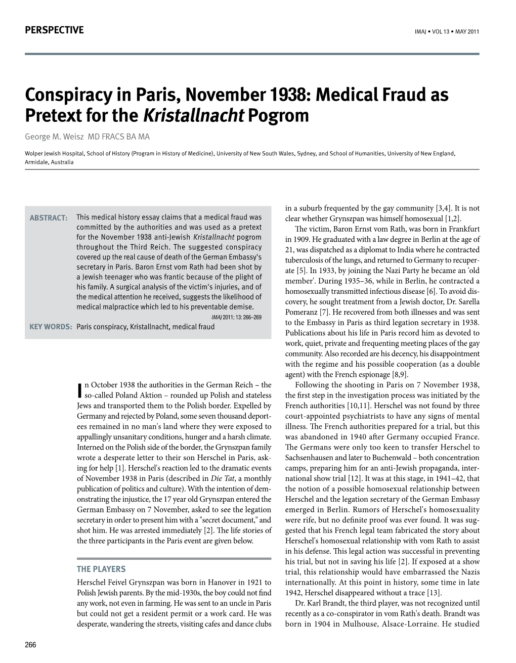 Conspiracy in Paris, November 1938: Medical Fraud As Pretext for the Kristallnacht Pogrom George M