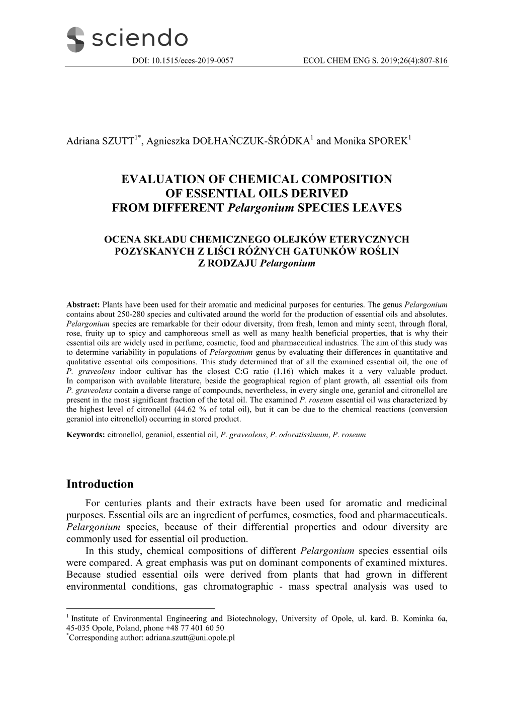 EVALUATION of CHEMICAL COMPOSITION of ESSENTIAL OILS DERIVED from DIFFERENT Pelargonium SPECIES LEAVES