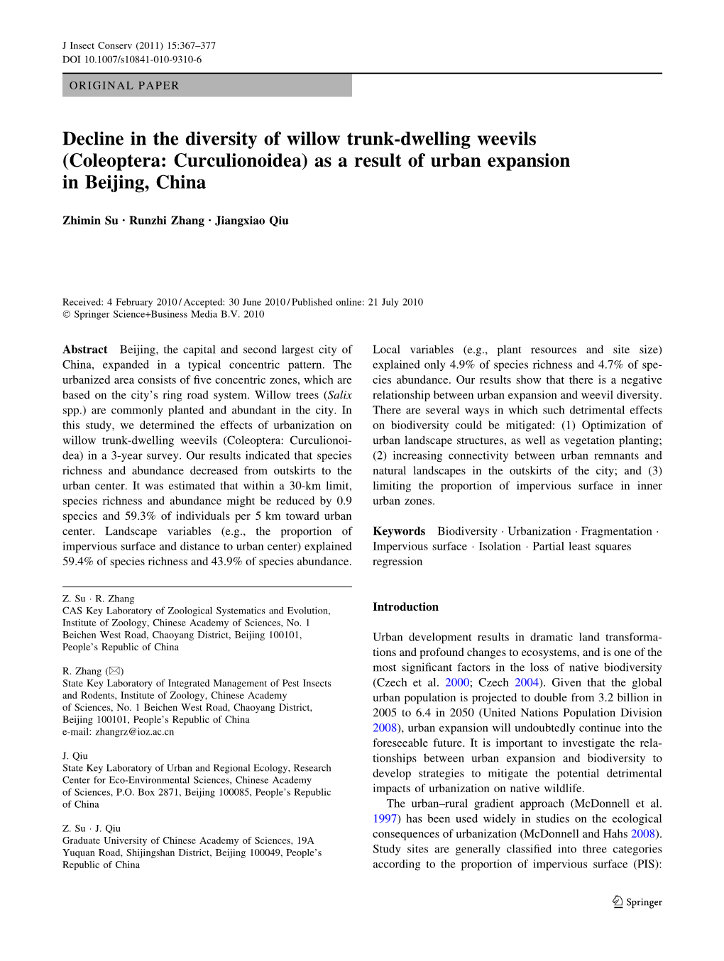 Decline in the Diversity of Willow Trunk-Dwelling Weevils (Coleoptera: Curculionoidea) As a Result of Urban Expansion in Beijing, China