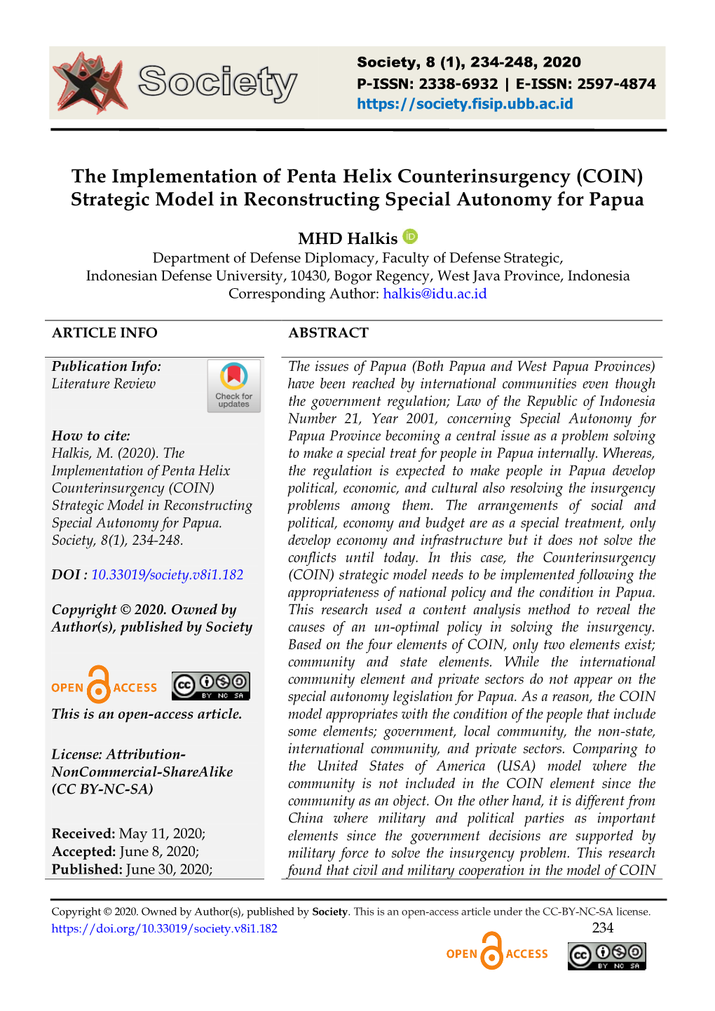 The Implementation of Penta Helix Counterinsurgency (COIN) Strategic Model in Reconstructing Special Autonomy for Papua