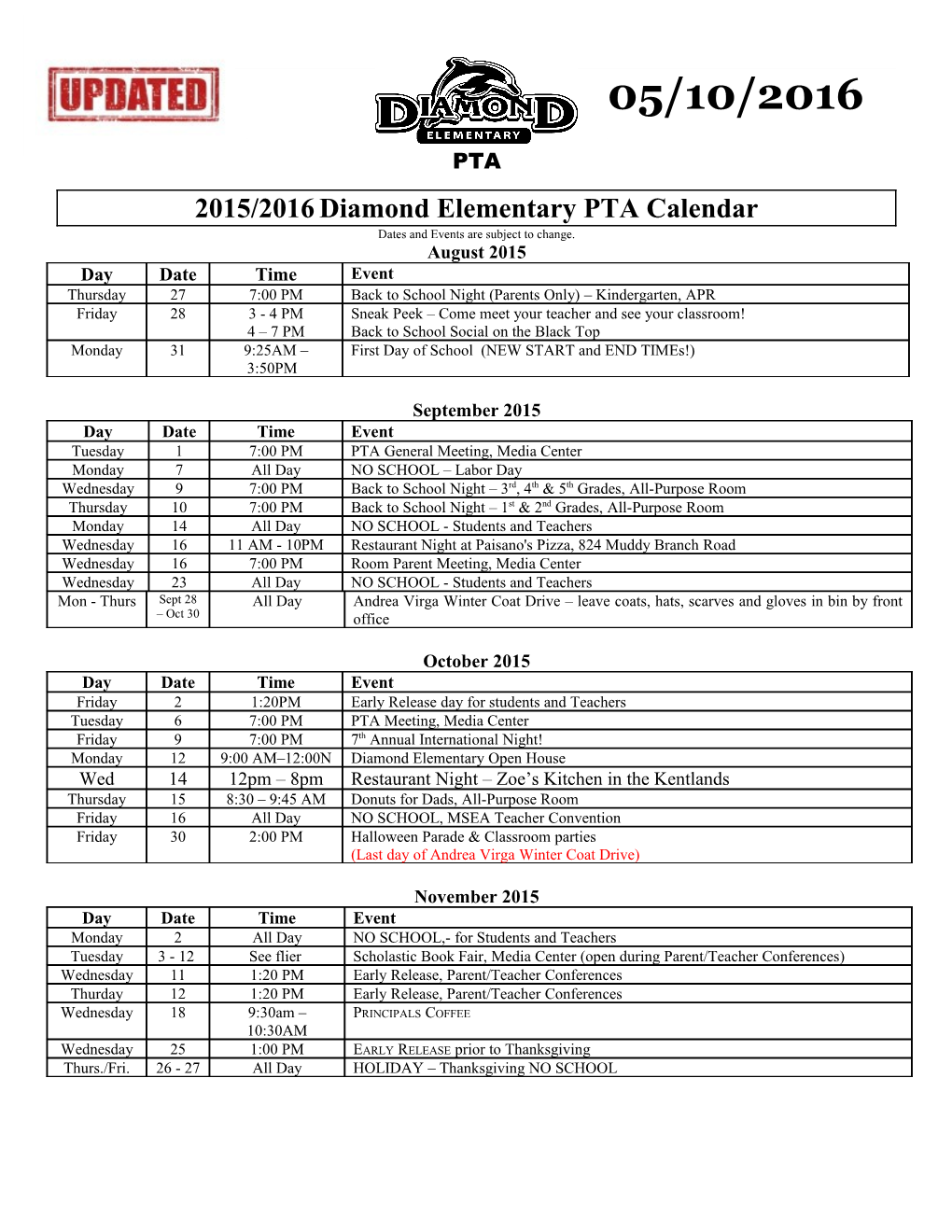 2015/2016 Diamond Elementary PTA Calendar