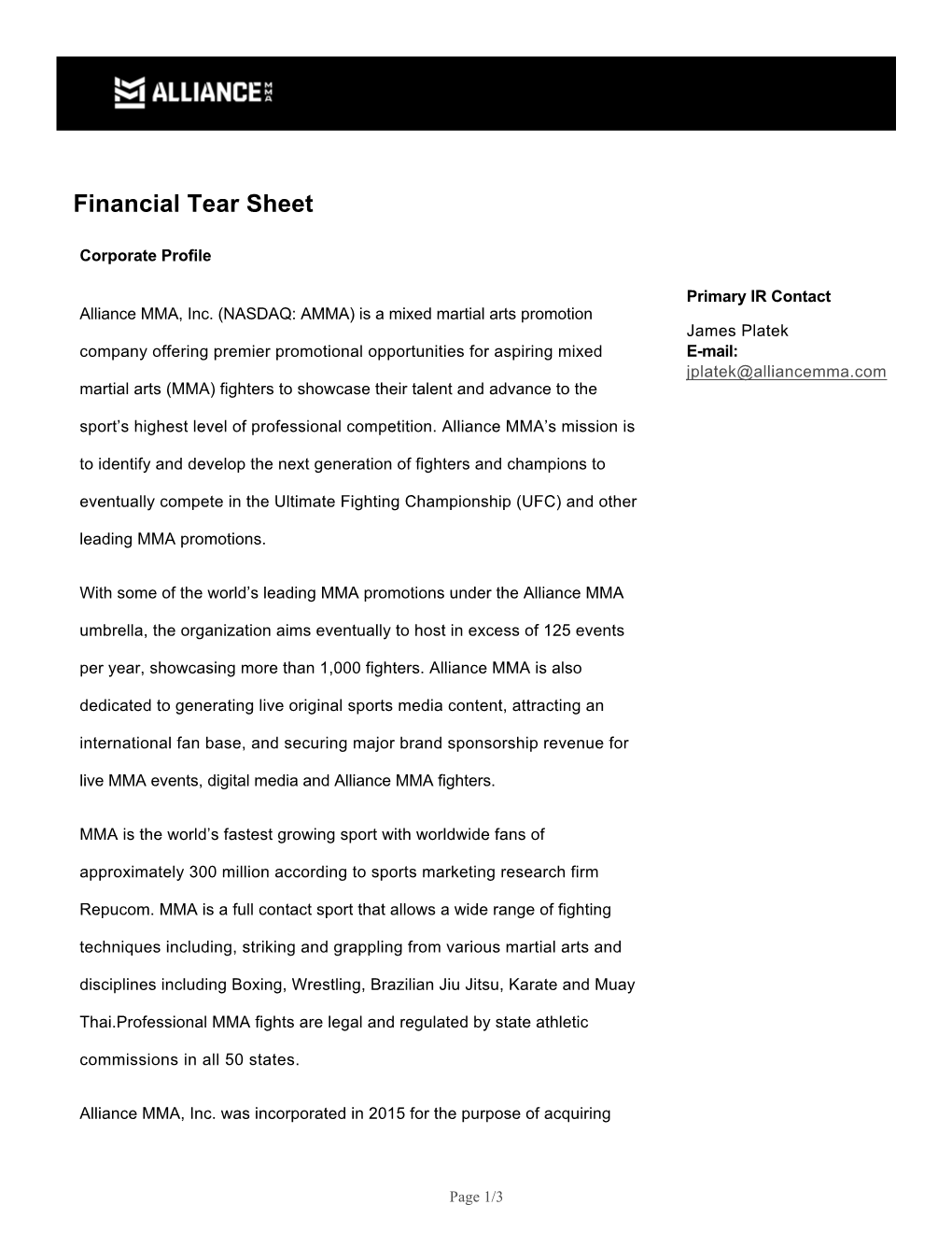 Financial Tear Sheet