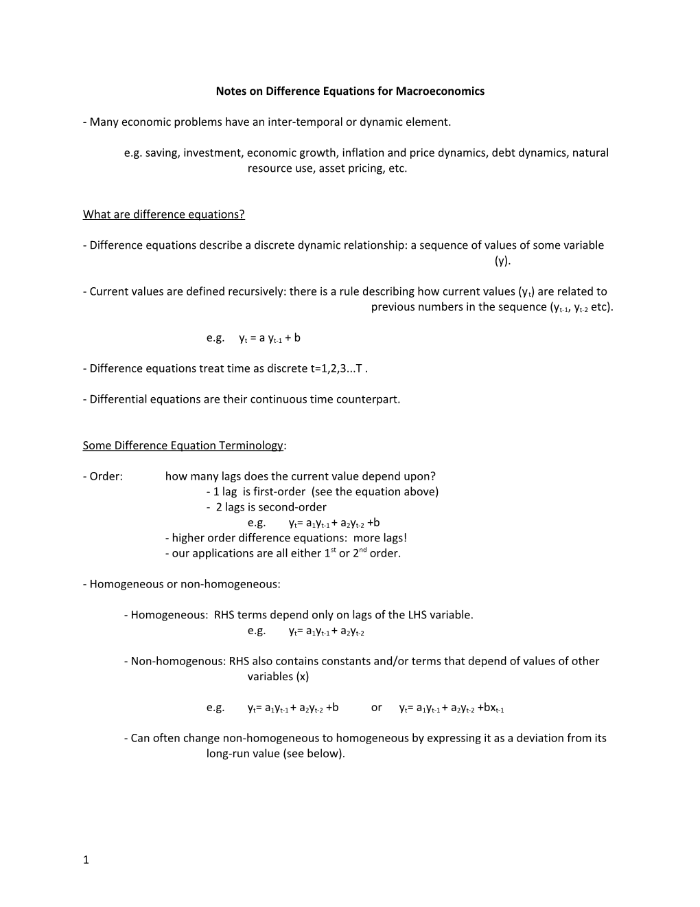 Notes on Difference Equations for Macroeconomics