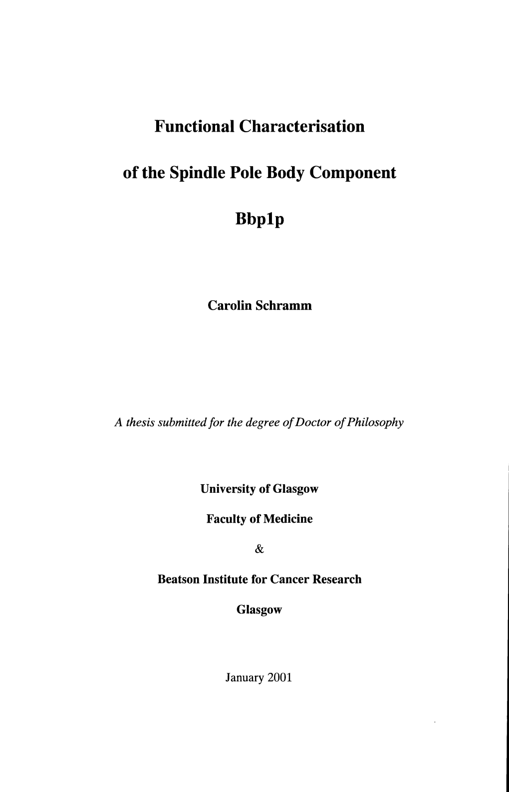 Functional Characterisation of the Spindle Pole Body Component Bbplp