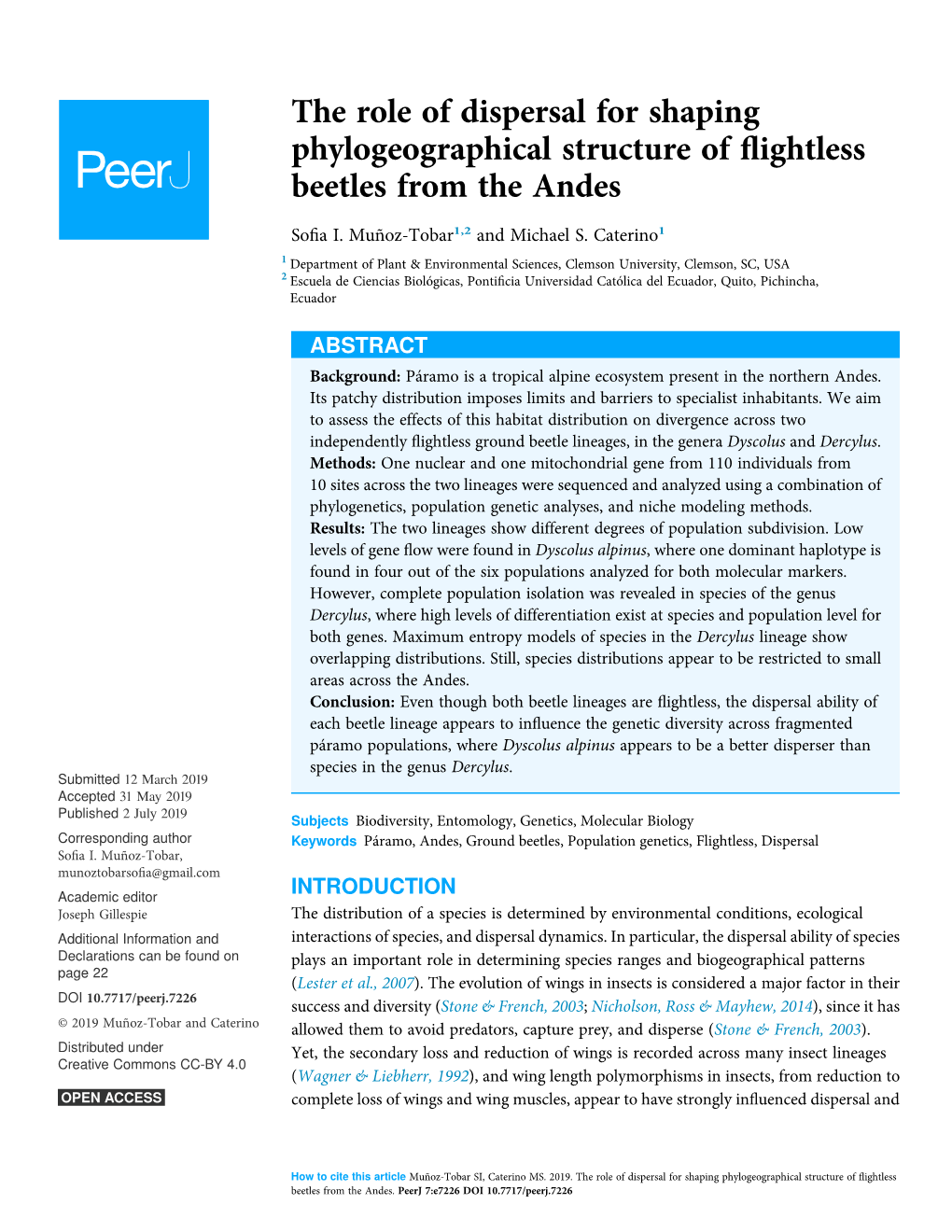 The Role of Dispersal for Shaping Phylogeographical Structure of ﬂightless Beetles from the Andes