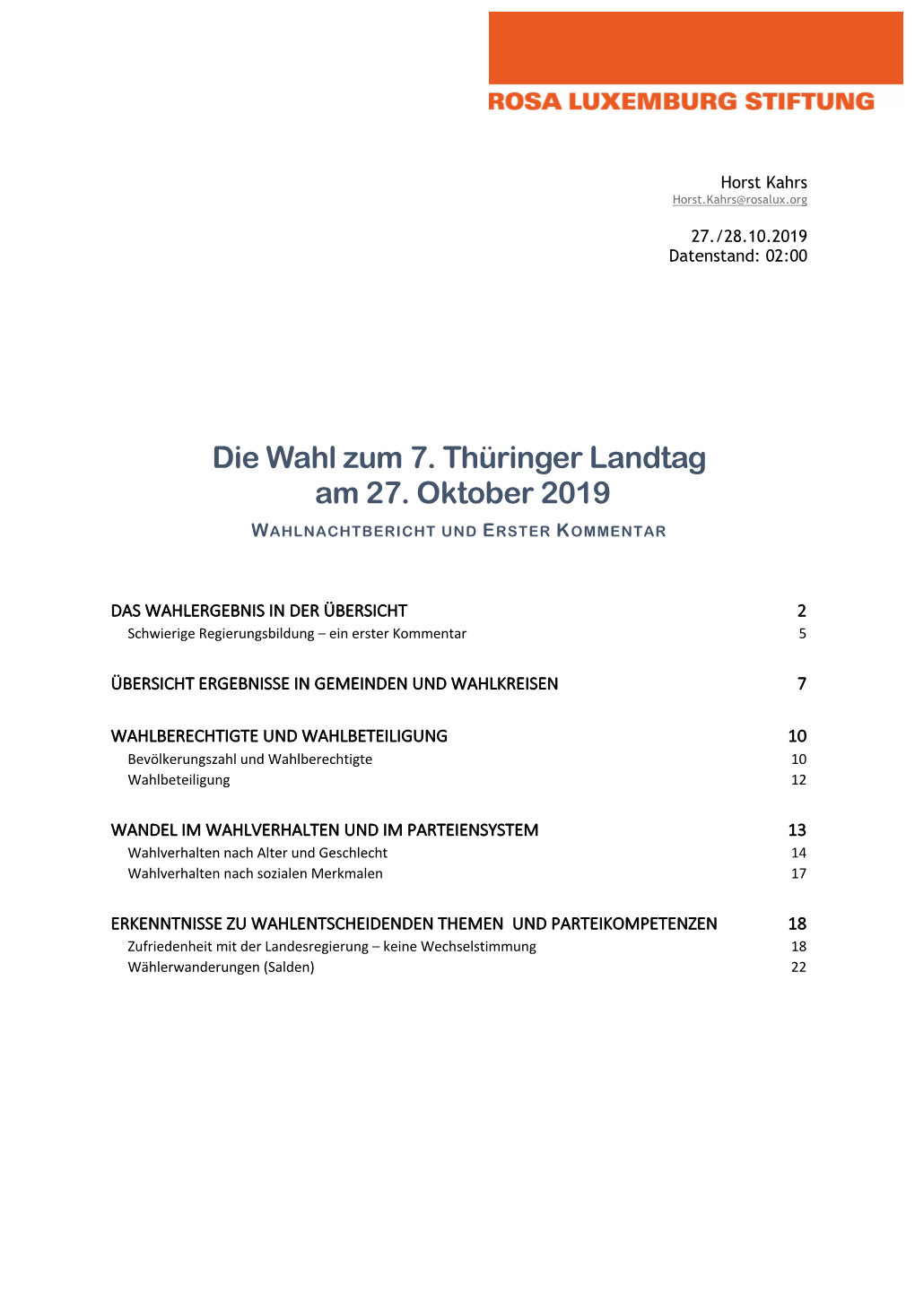 Die Wahl Zum 7. Thüringer Landtag Am 27. Oktober 2019 WAHLNACHTBERICHT UND ERSTER KOMMENTAR