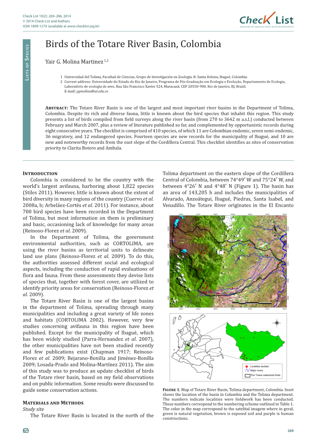 Chec List Birds of the Totare River Basin, Colombia