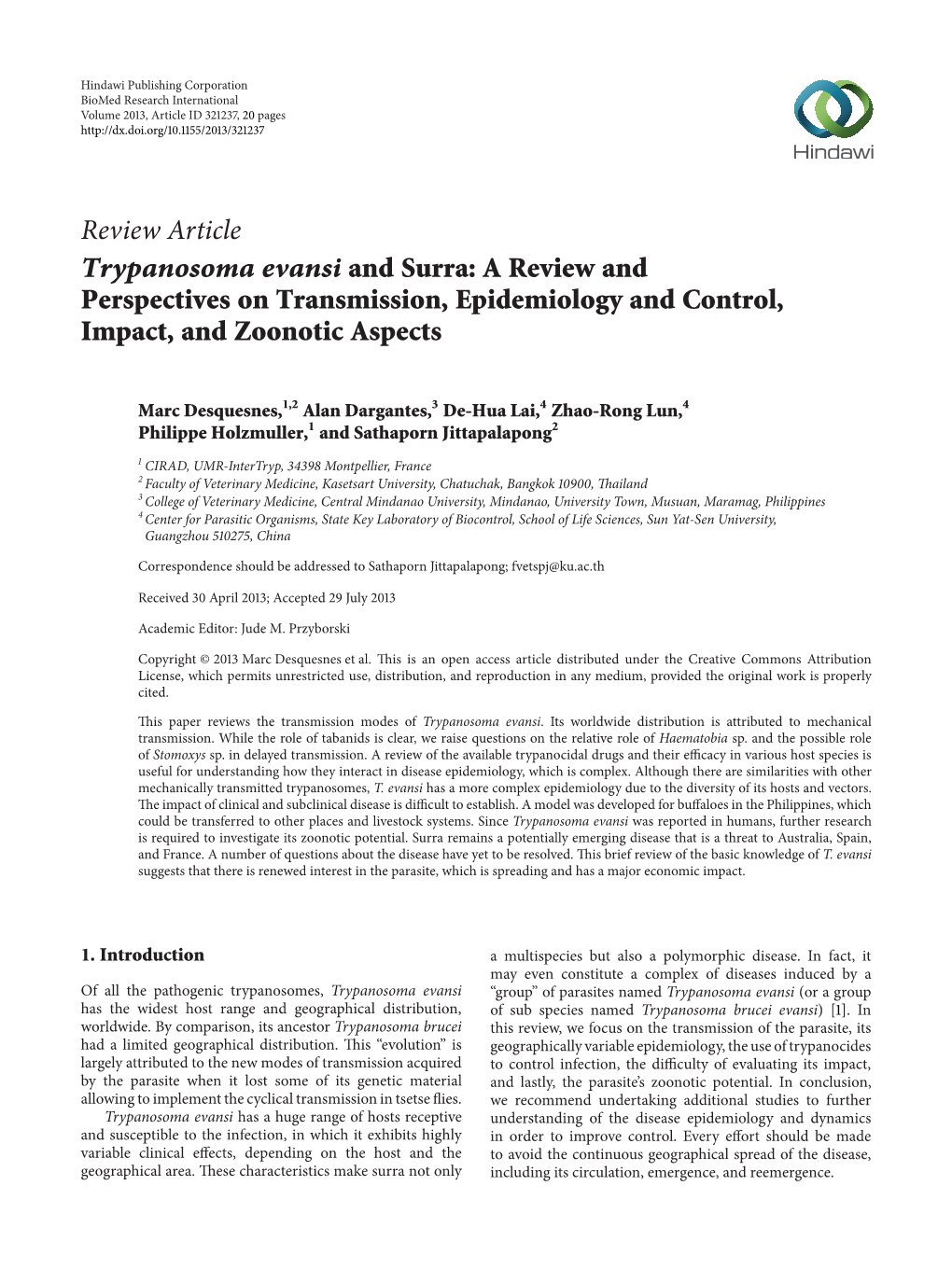 Trypanosoma Evansi and Surra: a Review and Perspectives on Transmission, Epidemiology and Control, Impact, and Zoonotic Aspects