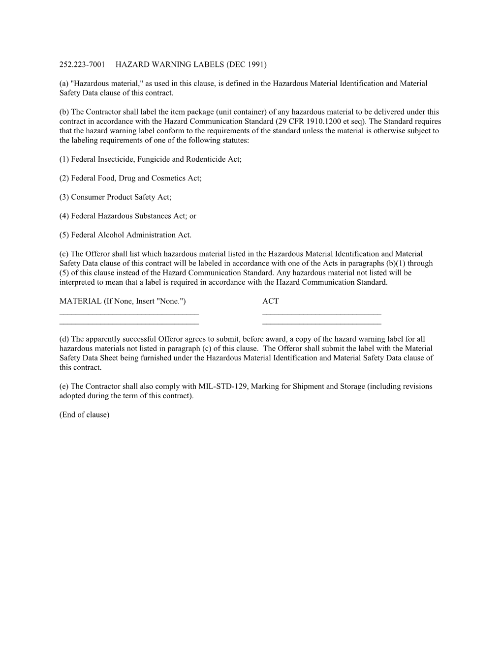 252.223-7001 Hazard Warning Labels (Dec 1991)