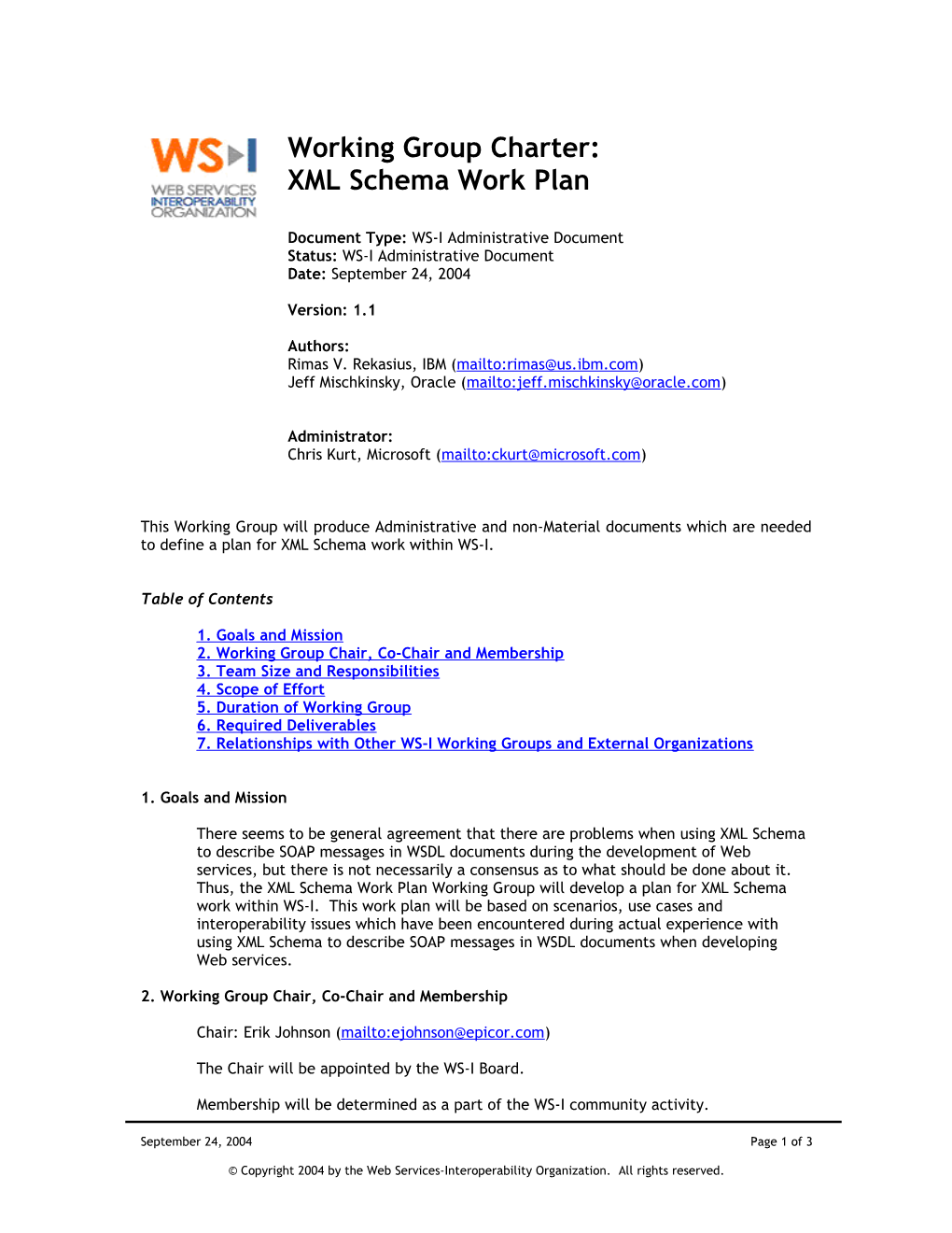 Working Group Charter: XML Schema Work Plan