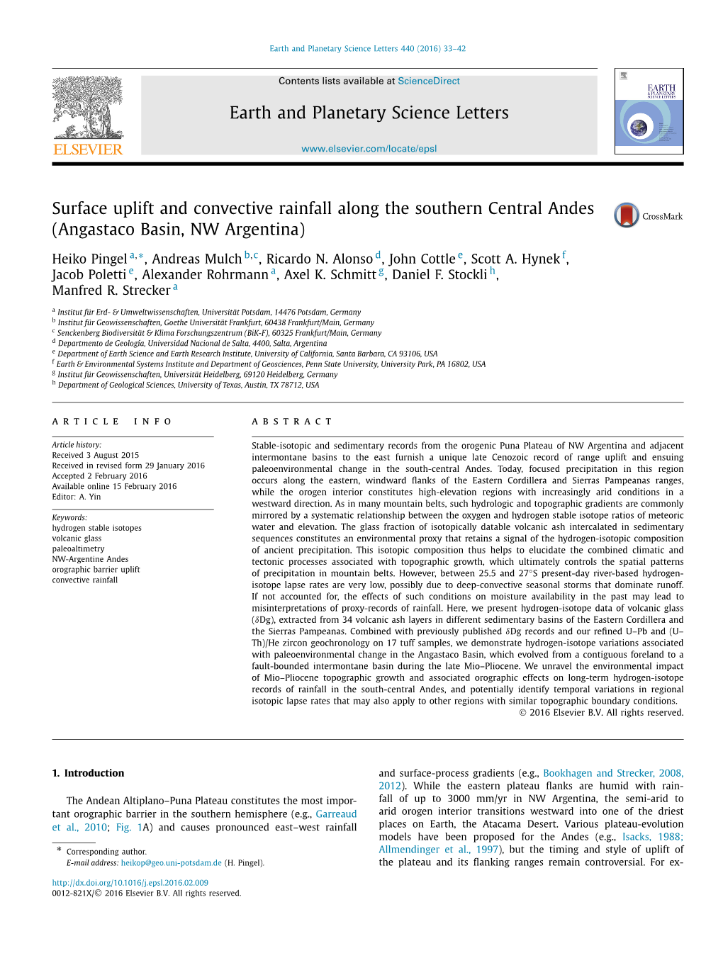 Surface Uplift and Convective Rainfall Along the Southern Central Andes (Angastaco Basin, NW Argentina) ∗ Heiko Pingel A, , Andreas Mulch B,C, Ricardo N