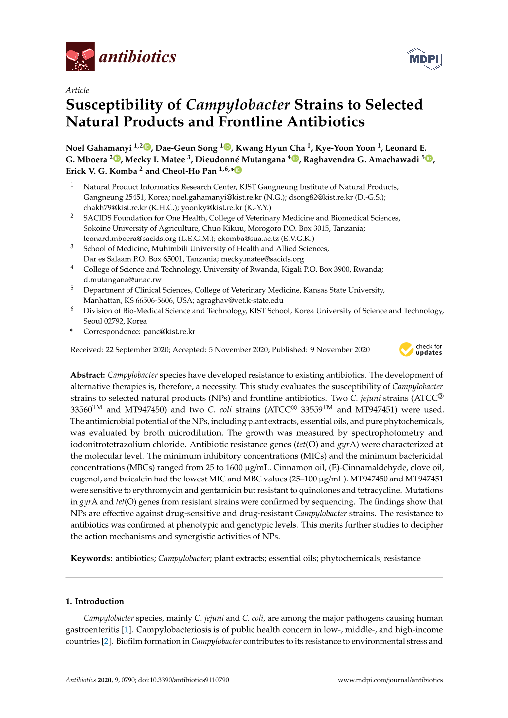 Susceptibility of Campylobacter Strains to Selected Natural Products and Frontline Antibiotics