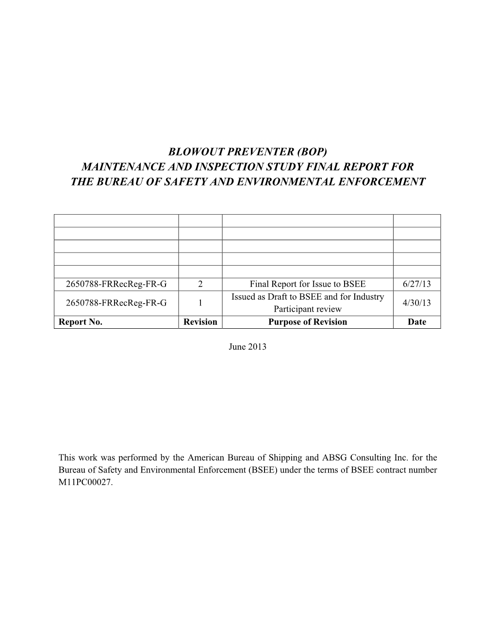 Blowout Preventer (Bop) Maintenance and Inspection Study Final Report for the Bureau of Safety and Environmental Enforcement