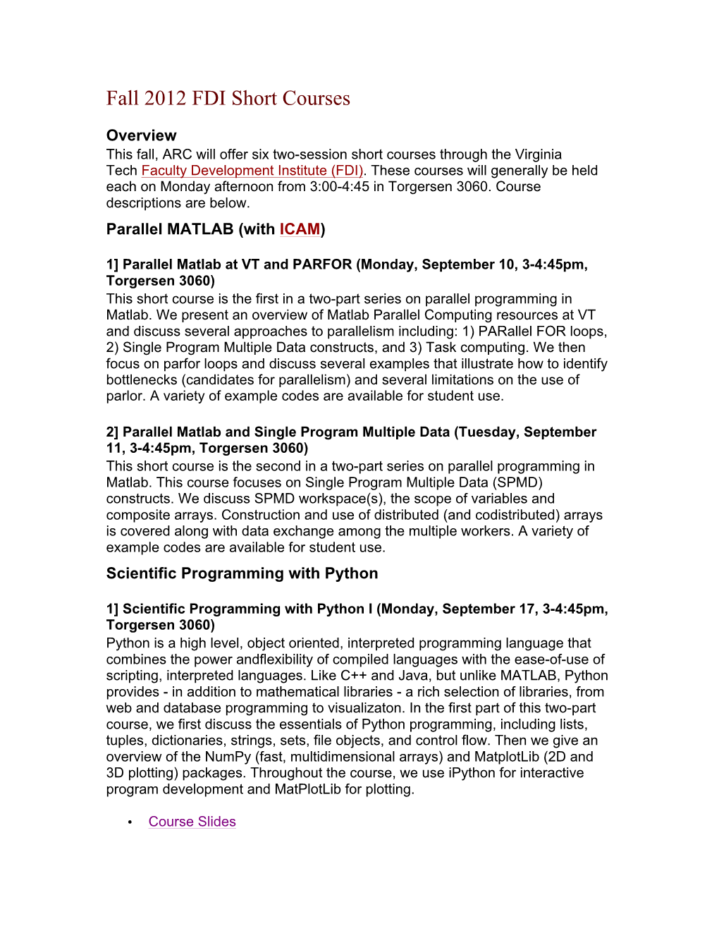 Fall 2012 FDI Short Courses