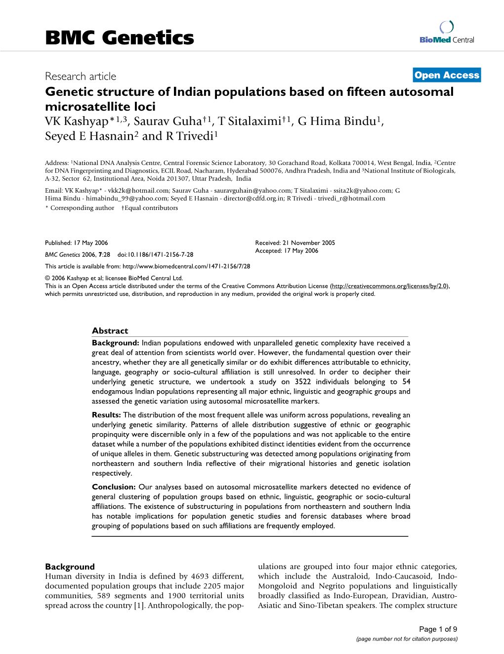 Genetic Structure of Indian Populations Based on Fifteen Autosomal