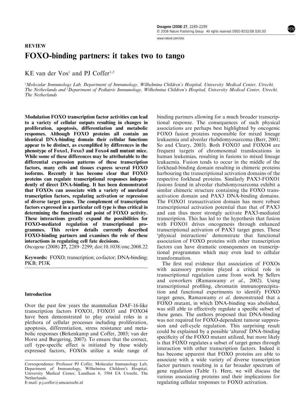 FOXO-Binding Partners: It Takes Two to Tango