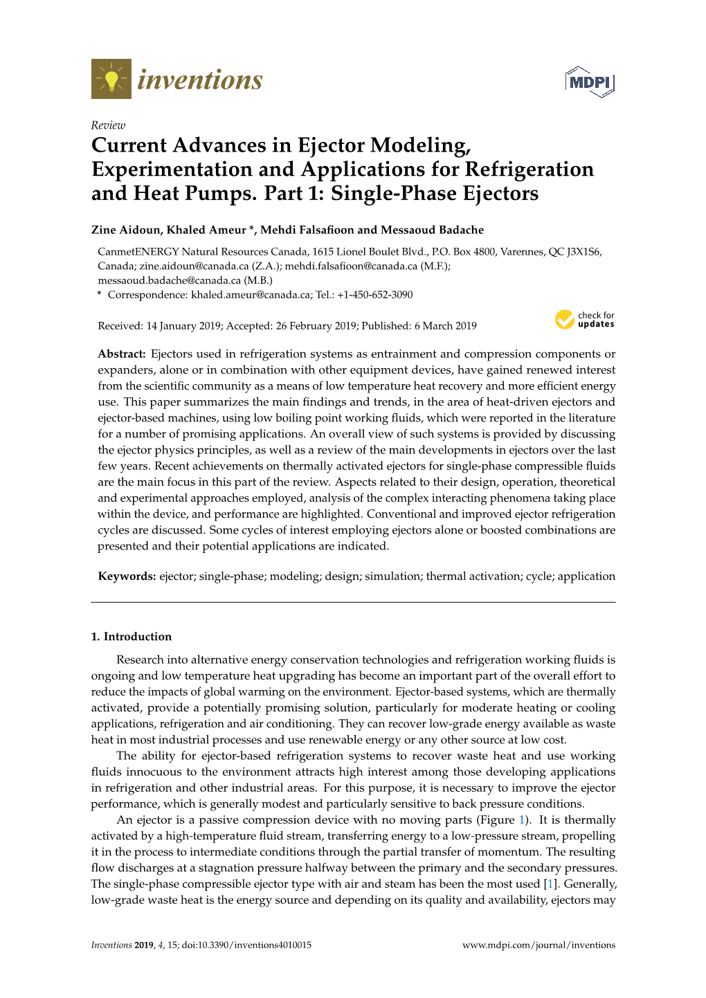 Current Advances in Ejector Modeling, Experimentation and Applications for Refrigeration and Heat Pumps. Part 1: Single-Phase Ejectors