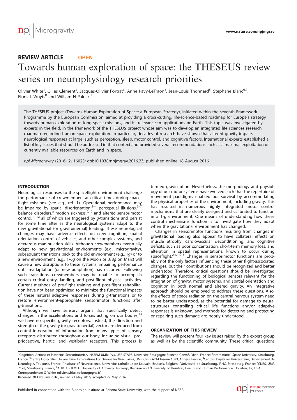 Towards Human Exploration of Space: the THESEUS Review Series on Neurophysiology Research Priorities