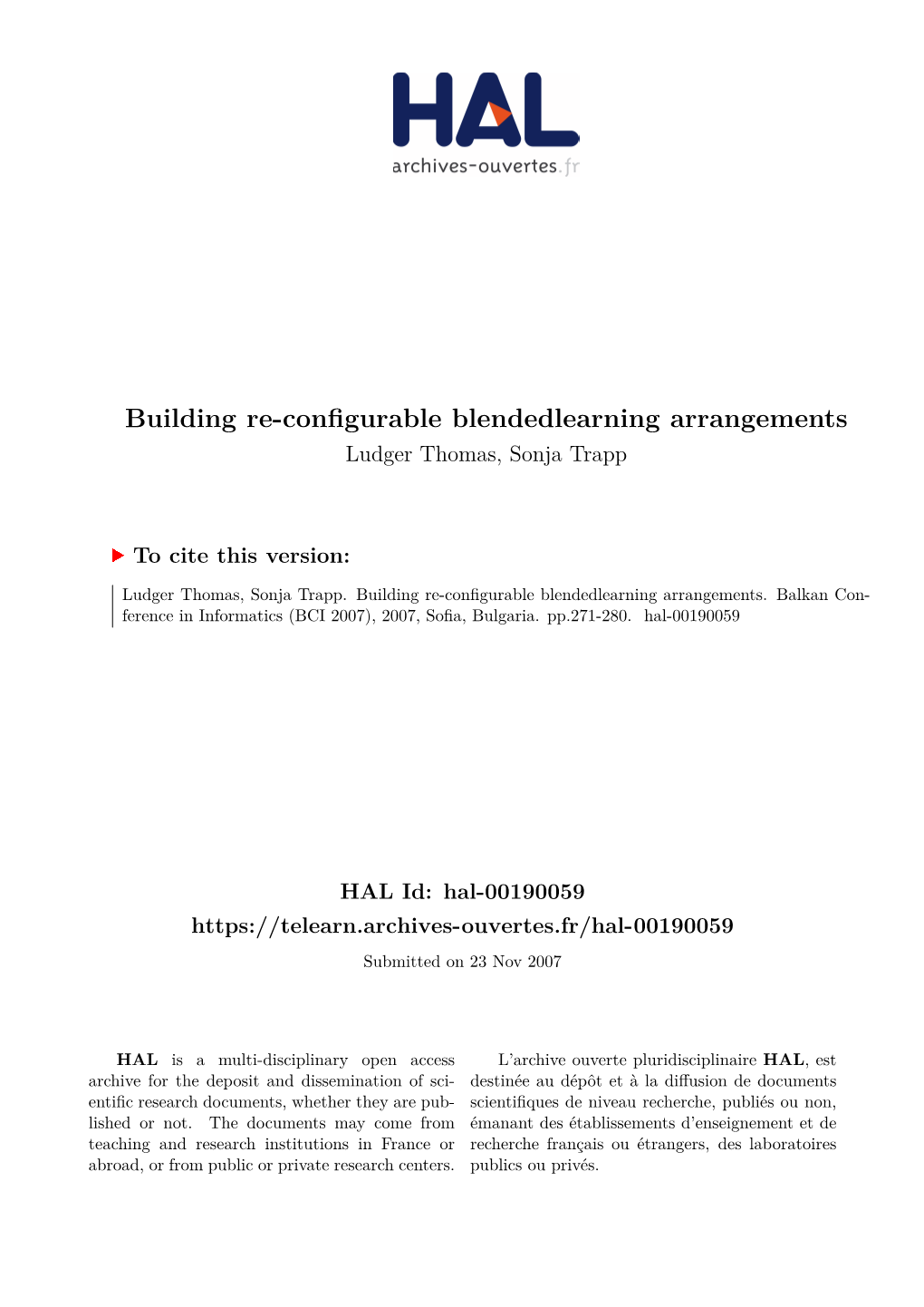 Building Re-Configurable Blendedlearning Arrangements Ludger Thomas, Sonja Trapp