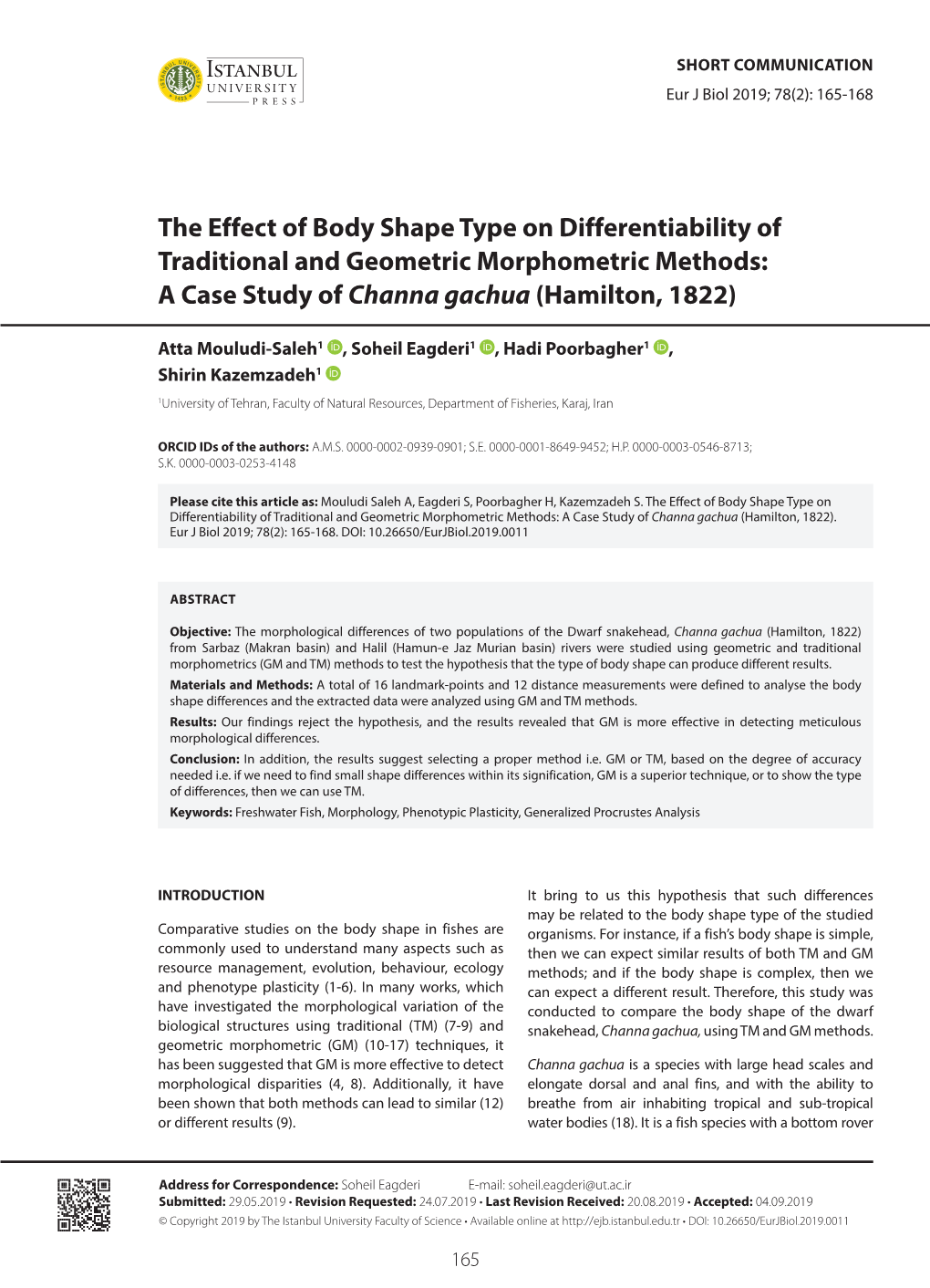 The Effect of Body Shape Type on Differentiability of Traditional and Geometric Morphometric Methods: a Case Study of Channa Gachua (Hamilton, 1822)