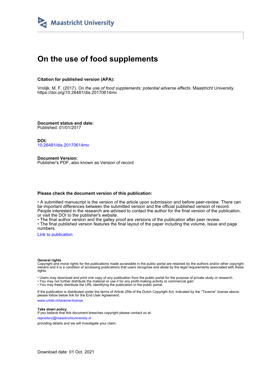 On the Use of Food Supplements