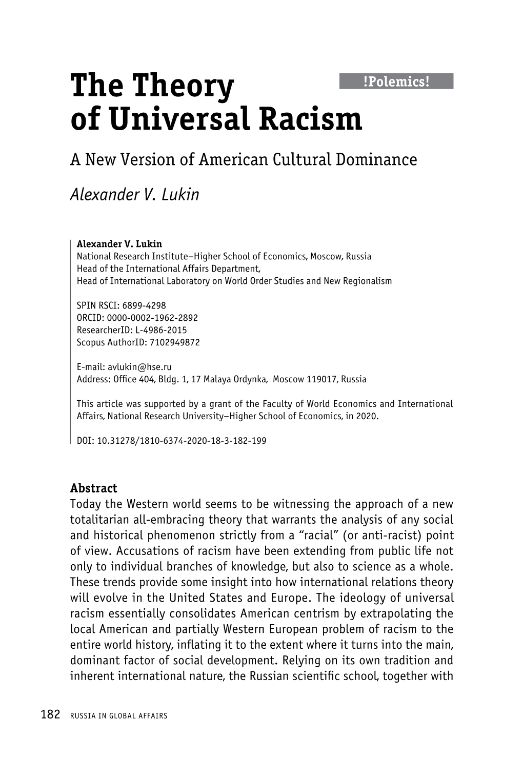 The Theory of Universal Racism a New Version of American Cultural Dominance Alexander V
