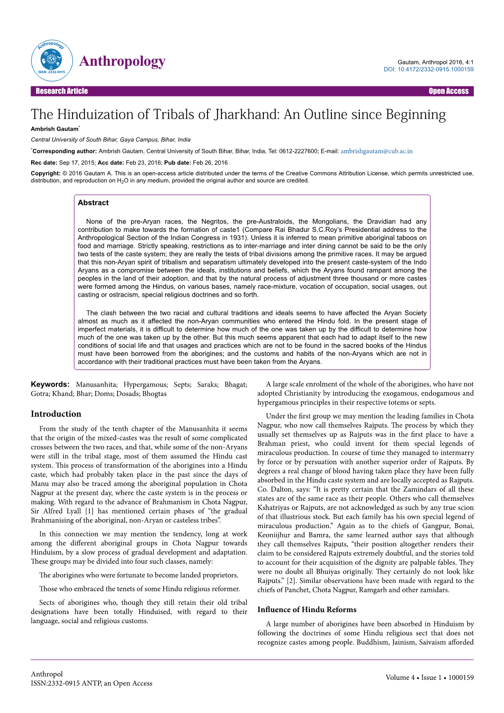 The Hinduization of Tribals of Jharkhand: an Outline Since