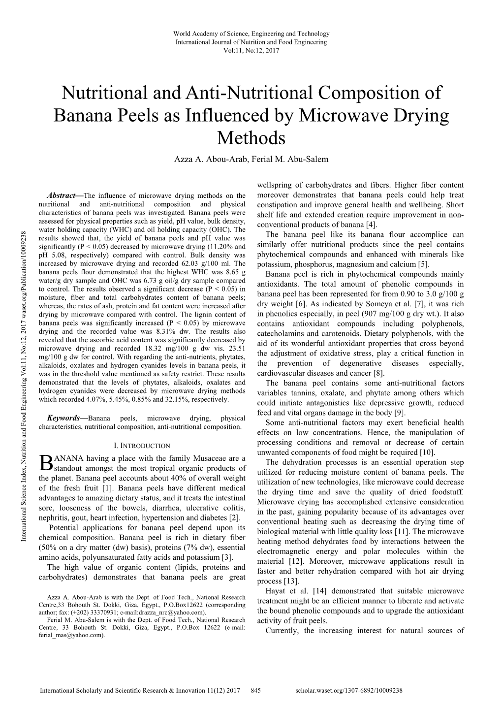 Nutritional and Anti-Nutritional Composition of Banana Peels As Influenced by Microwave Drying Methods Azza A