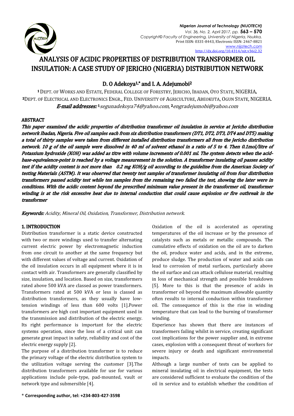 Analysis of Acidic Properties of Distribution Transformer Oil Insulation: a Case Study of Jericho (Nigeria) Distribution Network