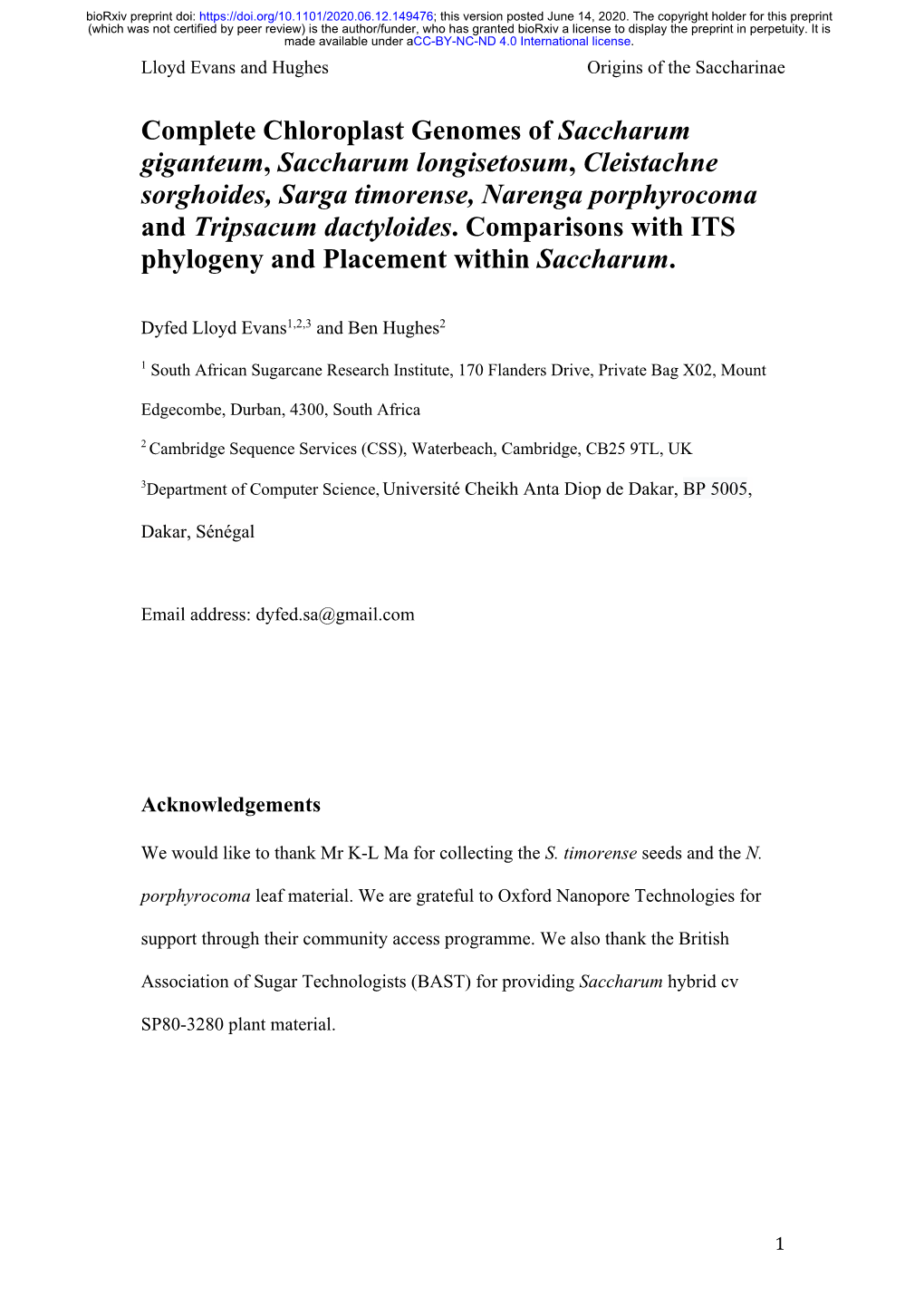 Complete Chloroplast Genomes of Saccharum Giganteum, Saccharum Longisetosum, Cleistachne Sorghoides, Sarga Timorense, Narenga Porphyrocoma and Tripsacum Dactyloides