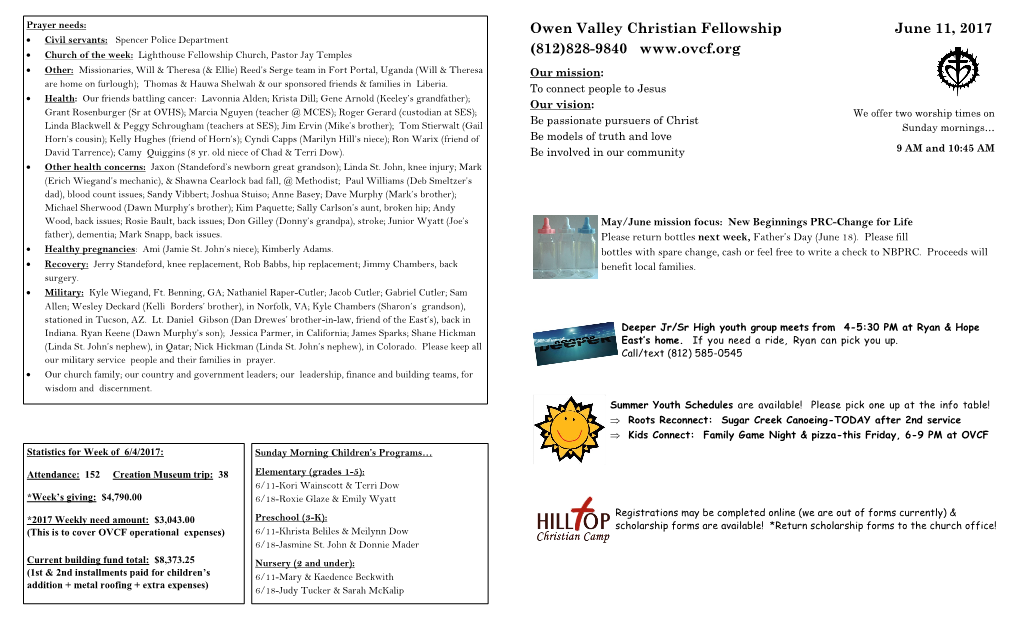 Owen Valley Christian Fellowship June 11, 2017