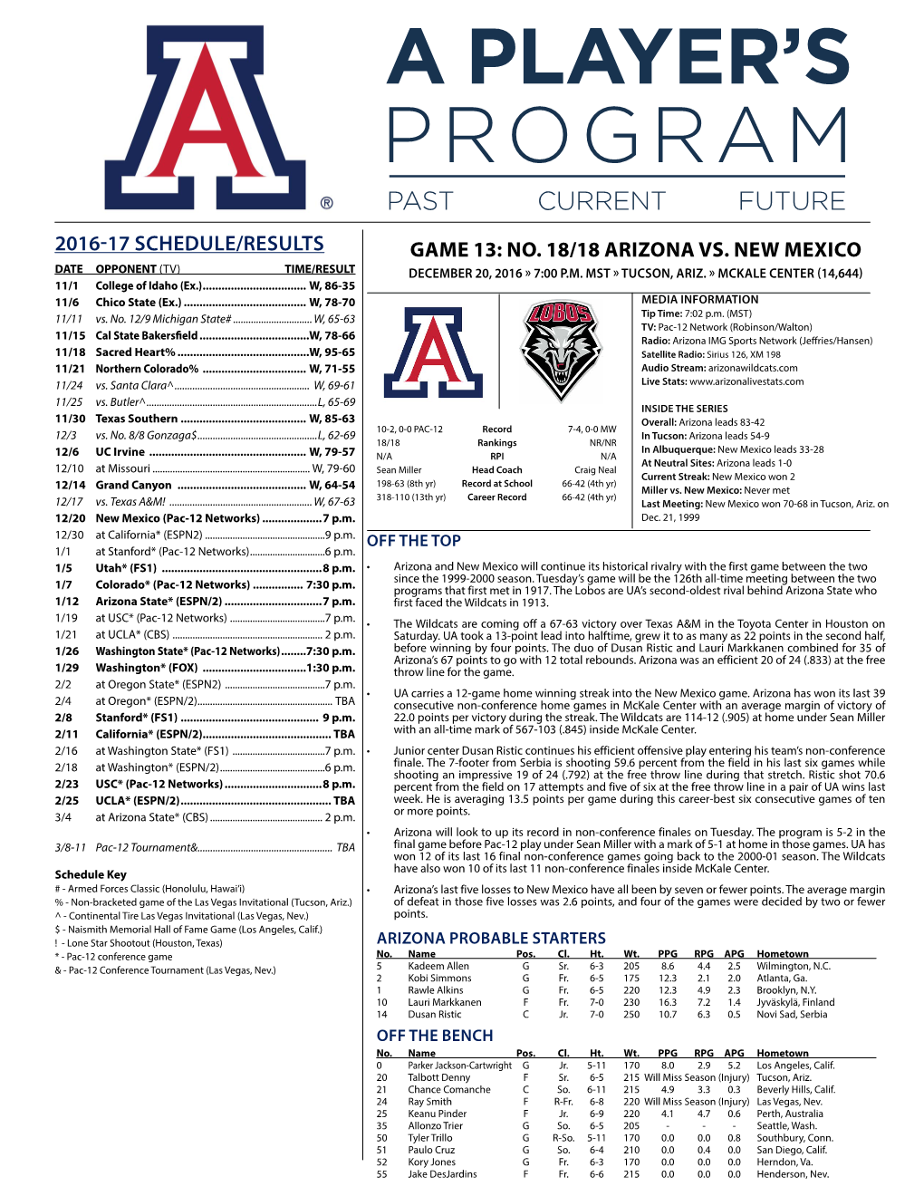 2016-17 Schedule/Results Game 13: No. 18/18 Arizona Vs. New Mexico Date Opponent (Tv) Time/Result December 20, 2016 » 7:00 P.M