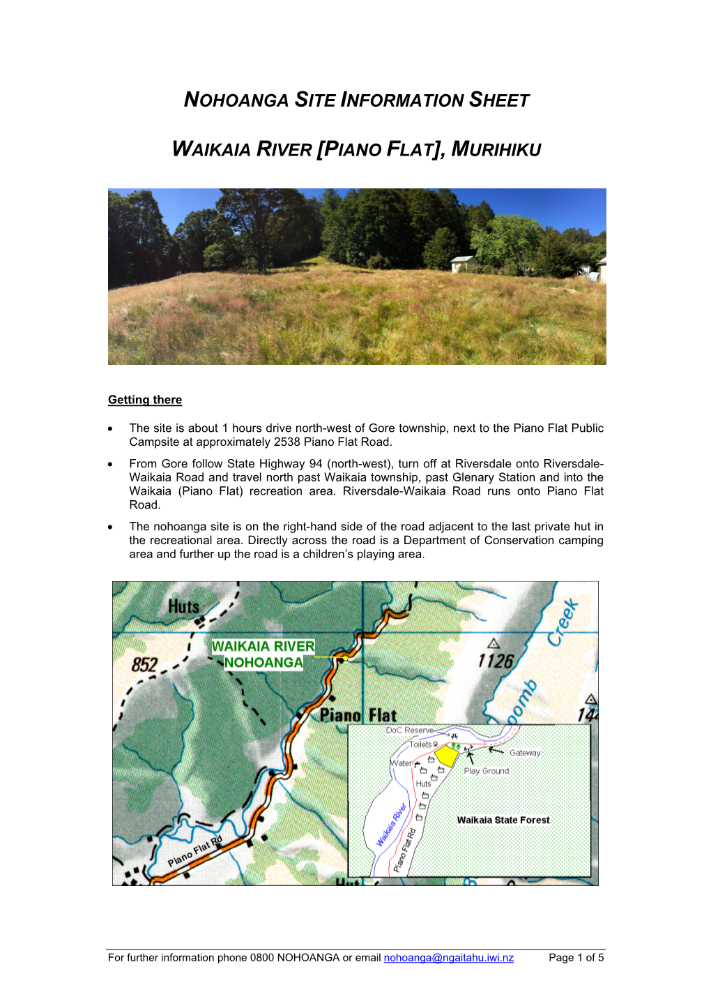 Nohoanga Site Information Sheet Waikaia River [Piano Flat]