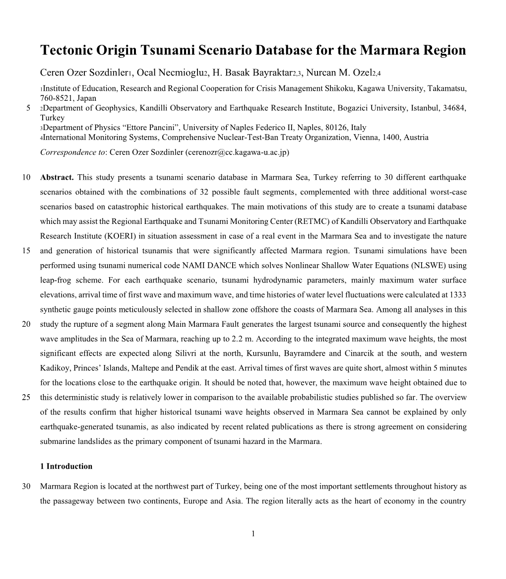 Tectonic Origin Tsunami Scenario Database for the Marmara Region