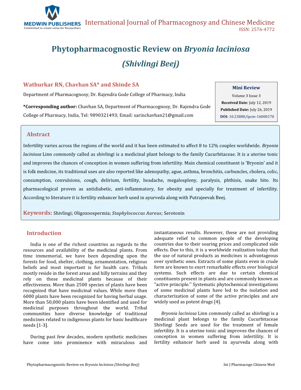 (Shivlingi Beej). Int J Pharmacogn Chinese Med 2019, 3(3): 000170