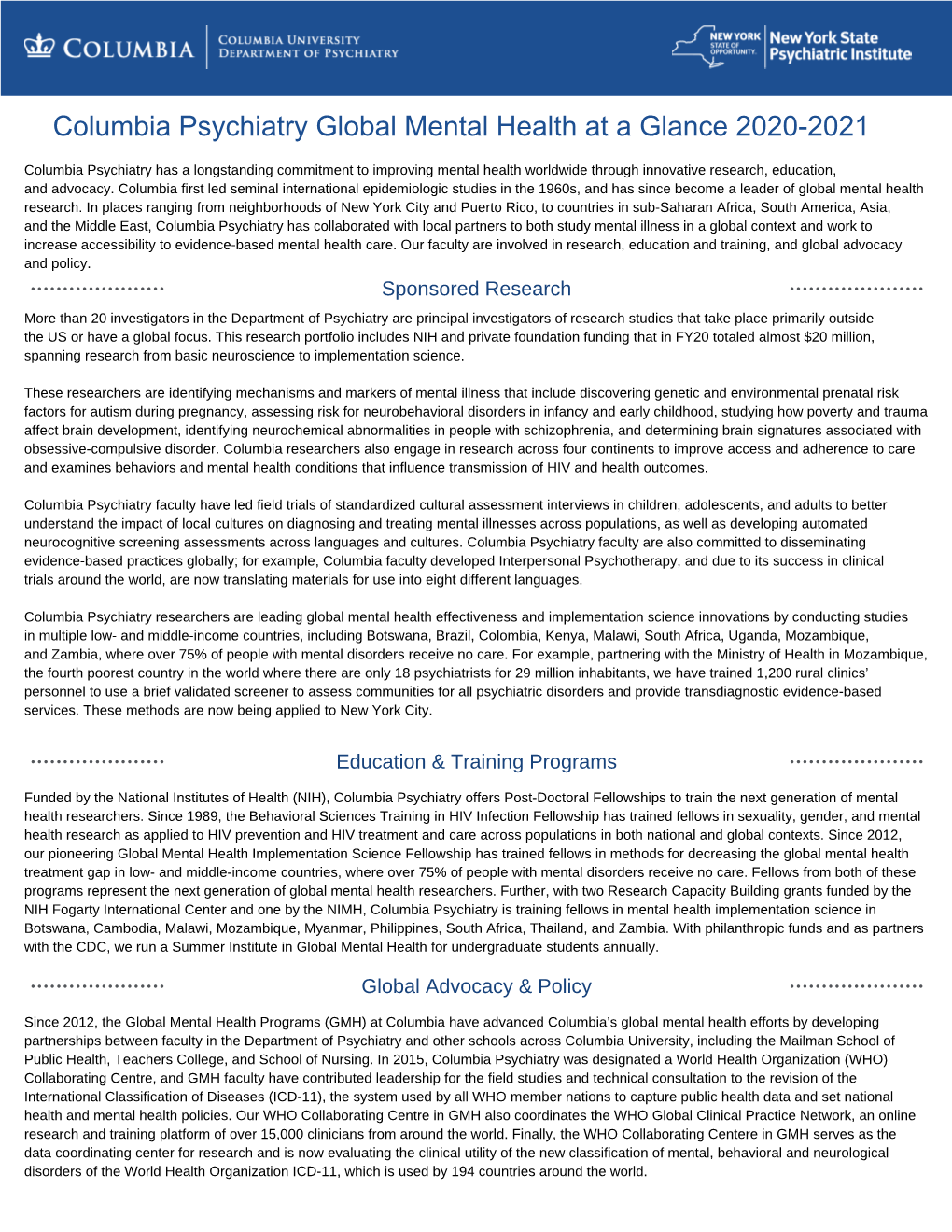 Columbia Psychiatry Global Mental Health at a Glance 2020-2021