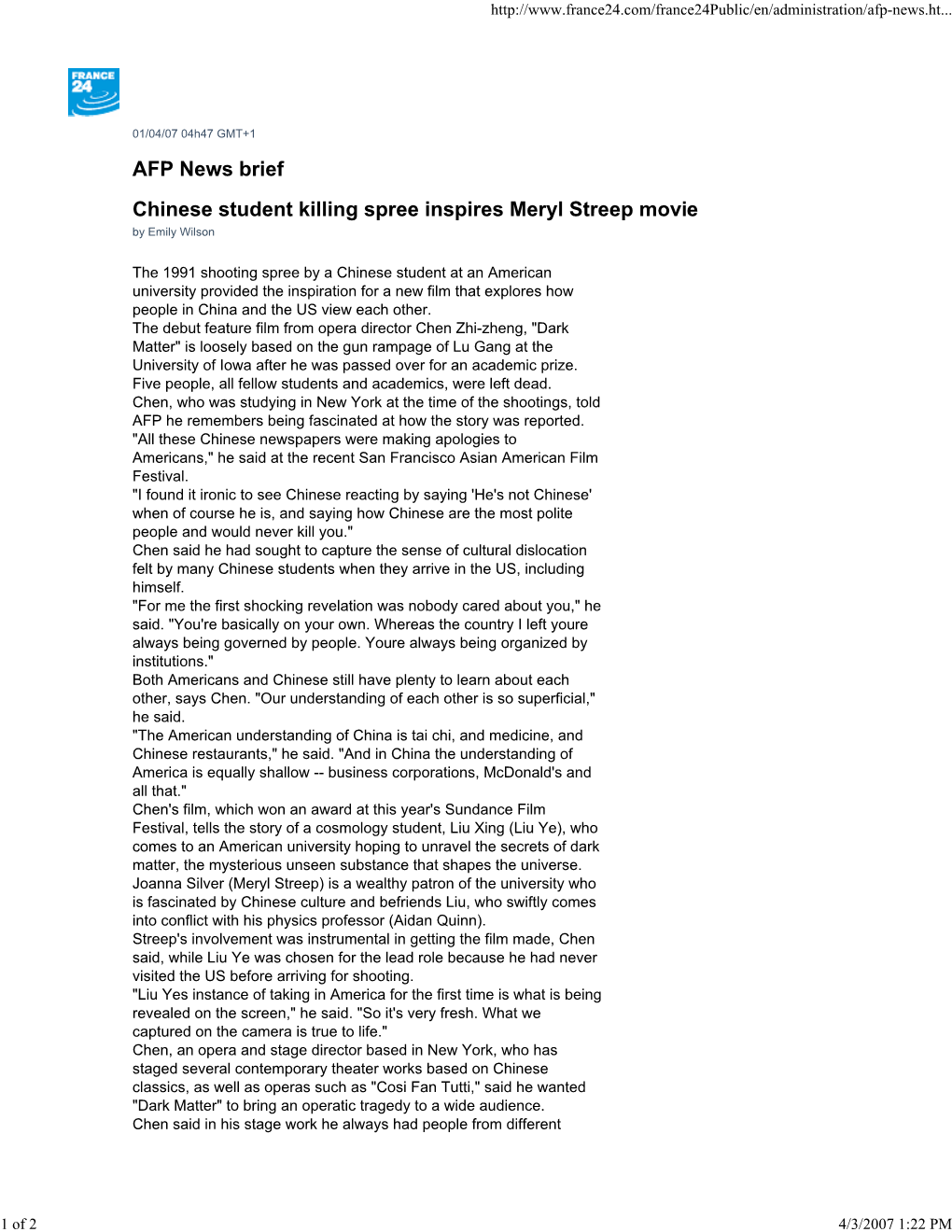 AFP News Brief Chinese Student Killing Spree Inspires Meryl Streep Movie by Emily Wilson