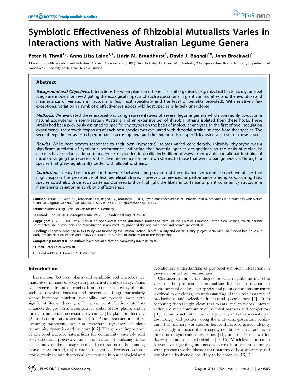 Symbiotic Effectiveness of Rhizobial Mutualists Varies in Interactions with Native Australian Legume Genera