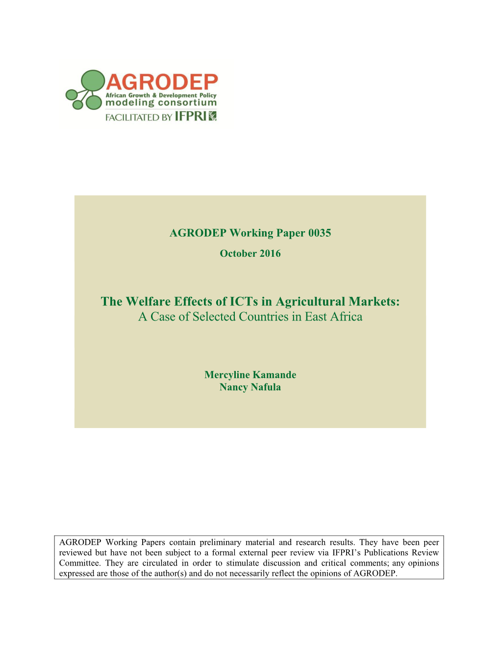 The Welfare Effects of Icts in Agricultural Markets: a Case of Selected Countries in East Africa